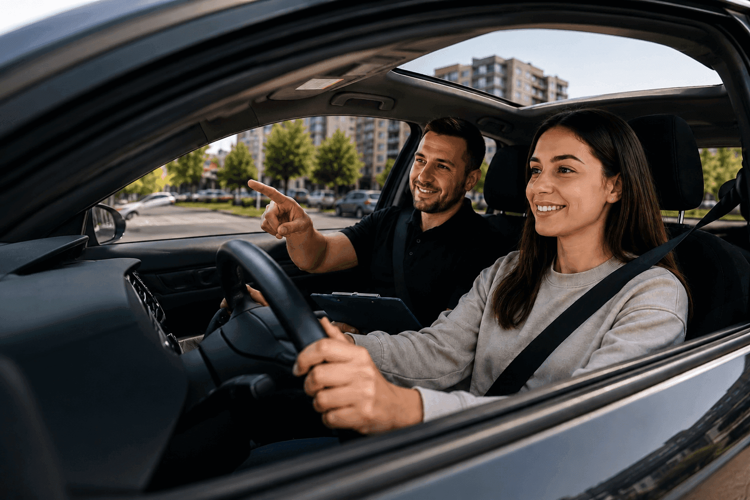 Instructor auto îndrumând o cursantă în timpul unei ședințe de conducere